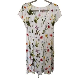 Blue Sky Floral Print Short Sleeve Dress, Bamboo & Linen Blend, Small